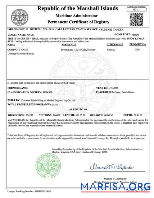 Realistic Marshall Islands permanent certificate of registry Word and PDF template